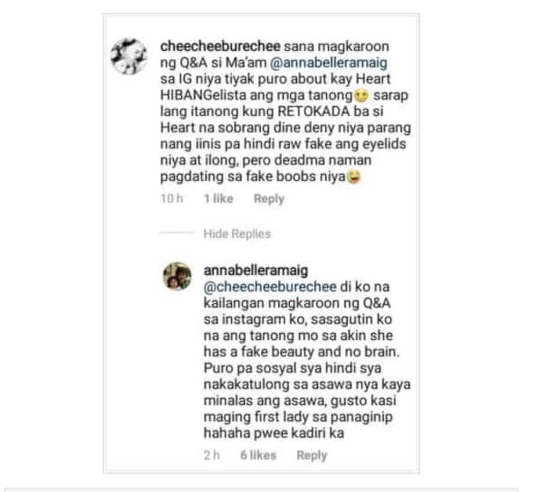 Annabelle Rama allegedly responds to a netizen about Heart Evangelista Annabelle Rama allegedly responds to a netizen about Heart Evangelista
