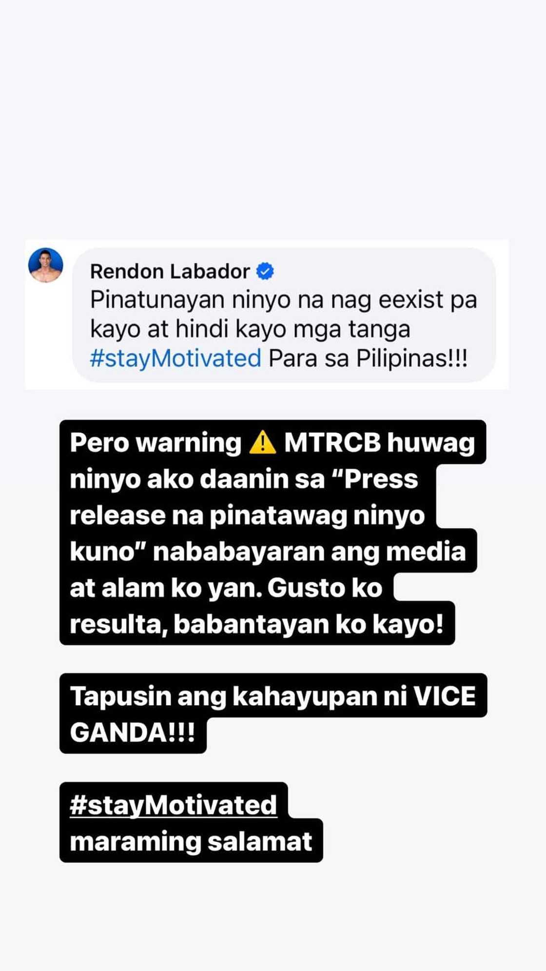Rendon Labador, nagpasalamat sa MTRCB: "Kakampi ninyo ako sa pagtama ng mga mali" Rendon Labador, nagpasalamat sa MTRCB: "Kakampi ninyo ako sa pagtama ng mga mali"