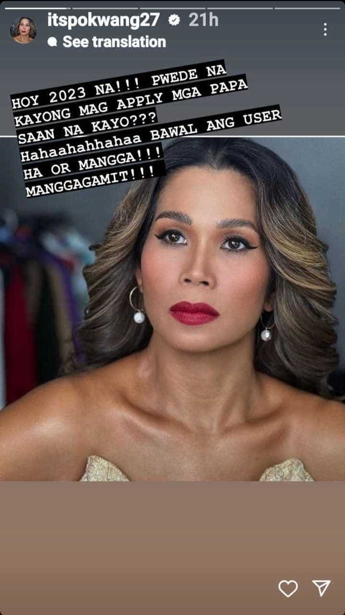 Pokwang hilariously posts cryptic message: “Pwede na kayong mag apply mga papa” Pokwang hilariously posts cryptic message: “Pwede na kayong mag apply mga papa”