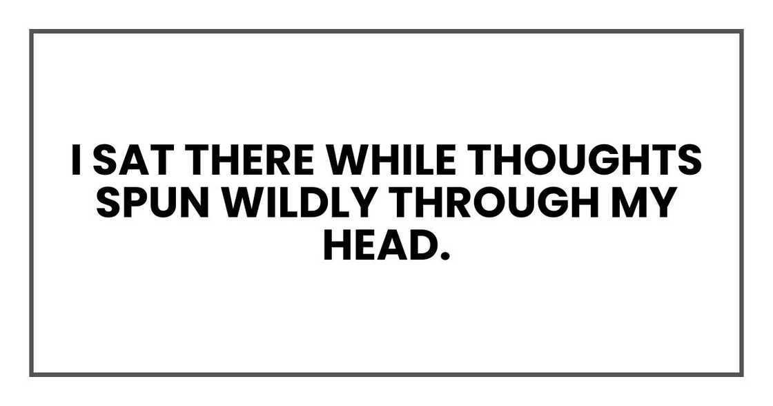 I sat there while thoughts spun wildly through my head. I sat there while thoughts spun wildly through my head.