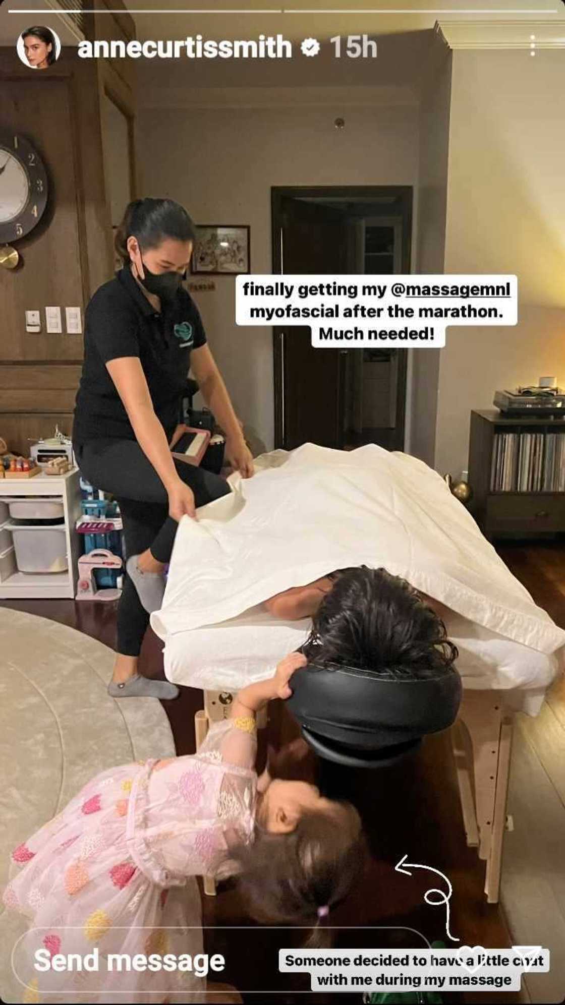 Anne Curtis posts about having “little chat” with Dahlia while getting much-needed massage