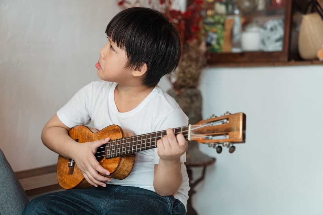 A child in a white t-shirt plays a small wooden string instrument indoors. A child in a white t-shirt plays a small wooden string instrument indoors.