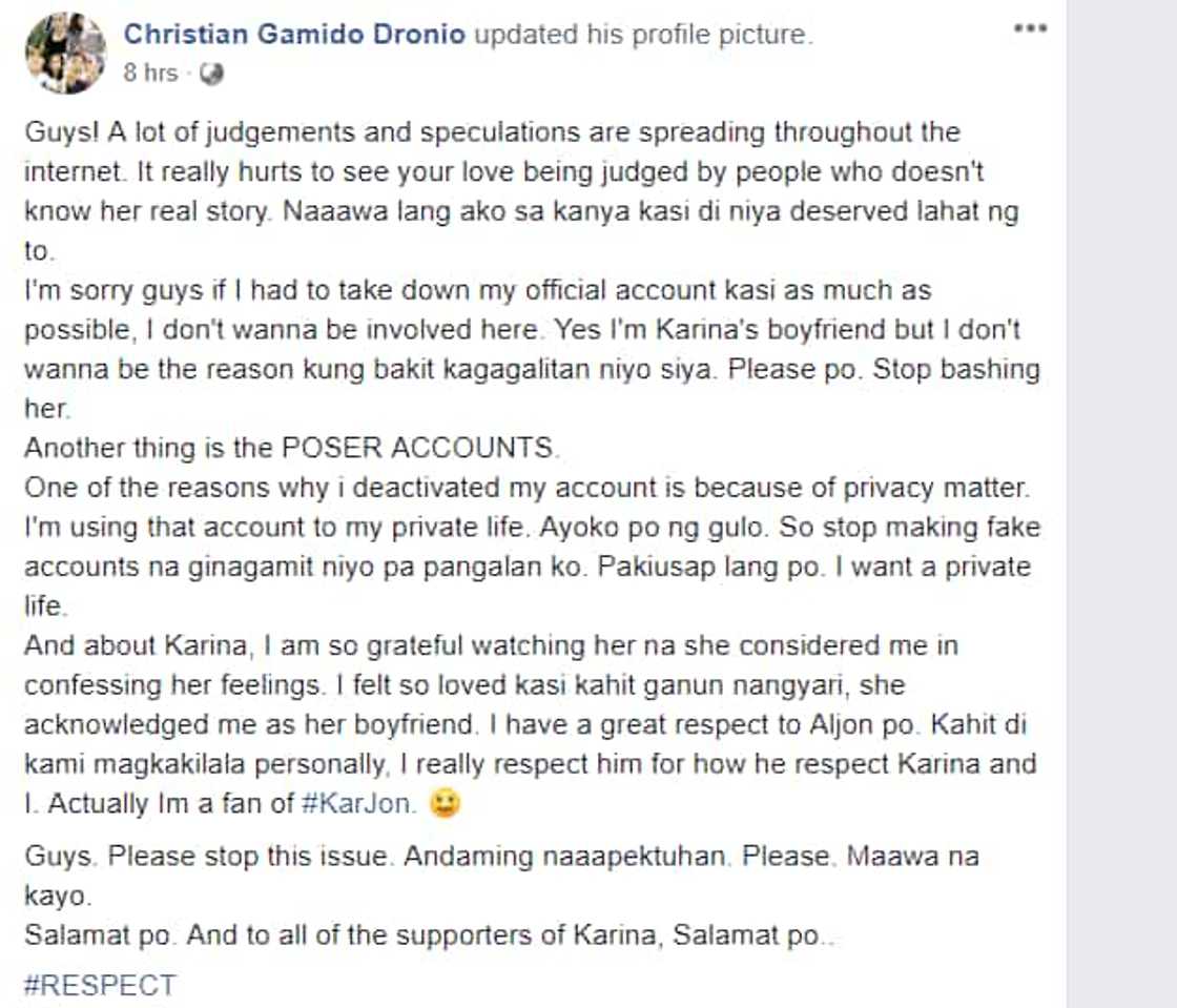 Boyfriend ni PBB housemate Karina Bautista, may mensahe kay Aljon Mendoza Boyfriend ni PBB housemate Karina Bautista, may mensahe kay Aljon Mendoza