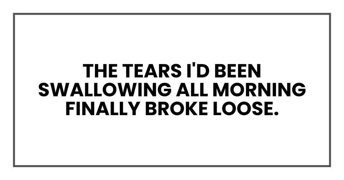 The tears I'd been swallowing all morning finally broke loose. The tears I'd been swallowing all morning finally broke loose.