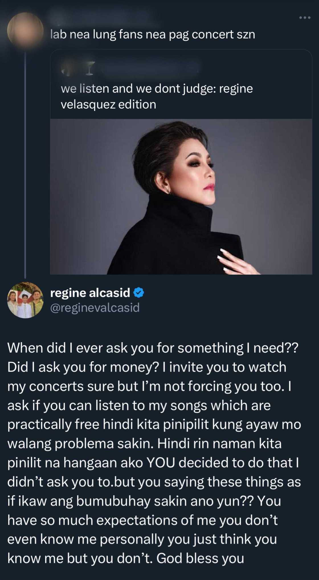 Regine Velasquez, binanatan ang isang netizen: "Did I ask you for money?" Regine Velasquez, binanatan ang isang netizen: "Did I ask you for money?"