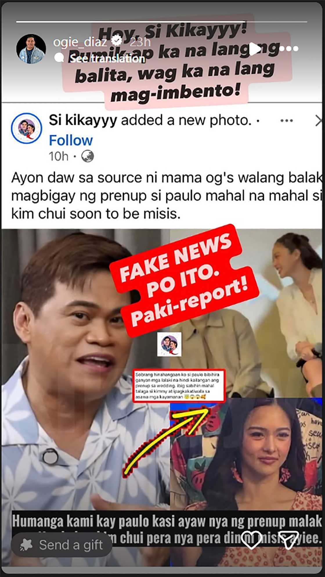 Ogie Diaz slams "Si Kikayyy" page over fake KimPau prenup story: "Wag mag-imbento!"