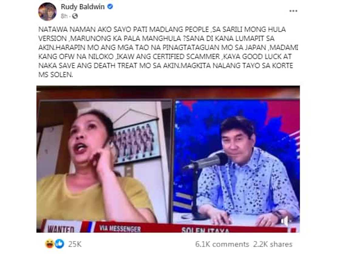 Rudy Baldwin rumesbak sa ginang na nagpa-Tulfo sa kanya: “Naka-save ang death threat mo”