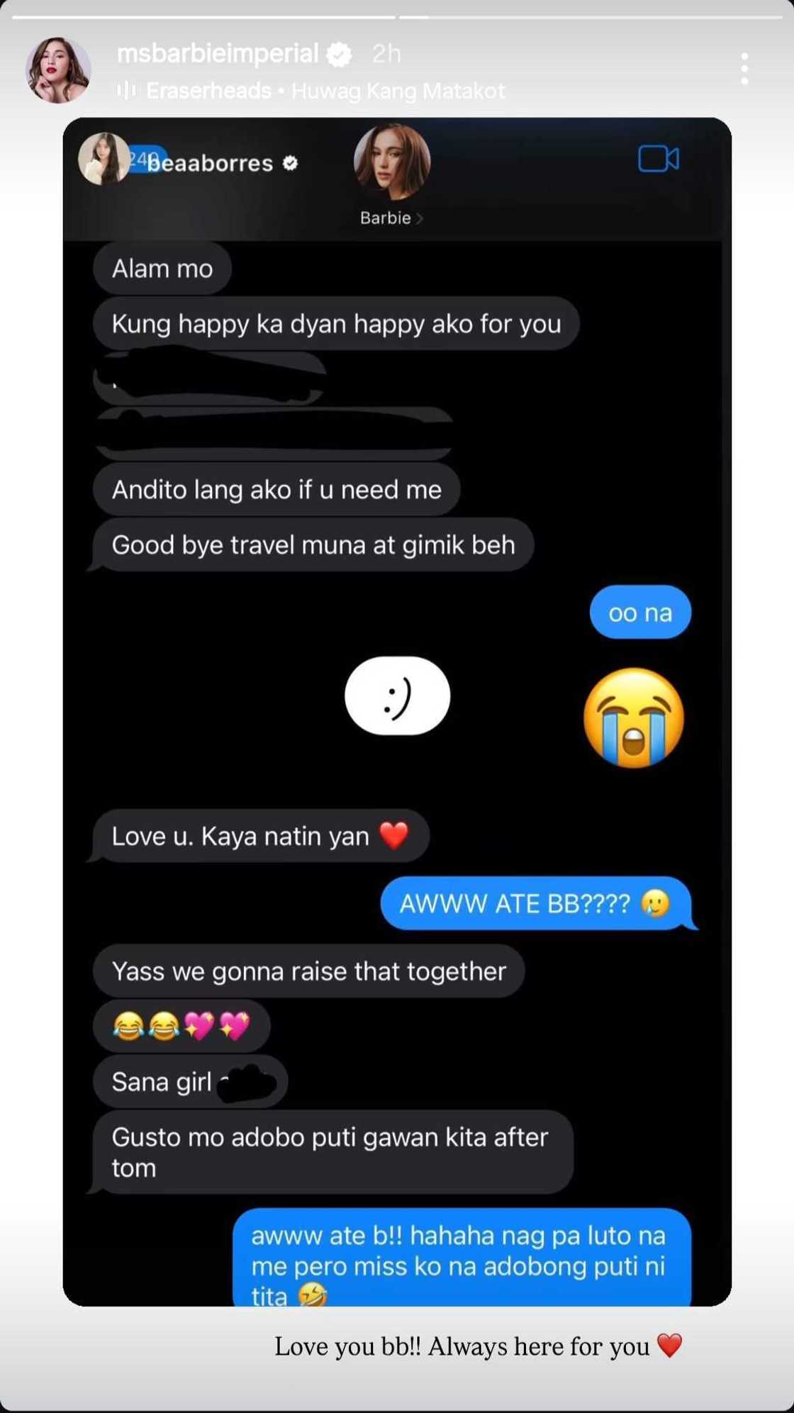Bea Borres posts conversation she shared with Barbie Imperial: "Kung happy ka diyan, happy ako" Bea Borres posts conversation she shared with Barbie Imperial: "Kung happy ka diyan, happy ako"