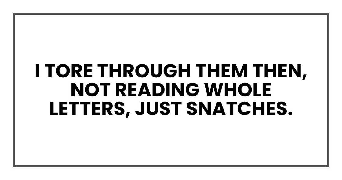 I tore through them then, not reading whole letters, just snatches. I tore through them then, not reading whole letters, just snatches.