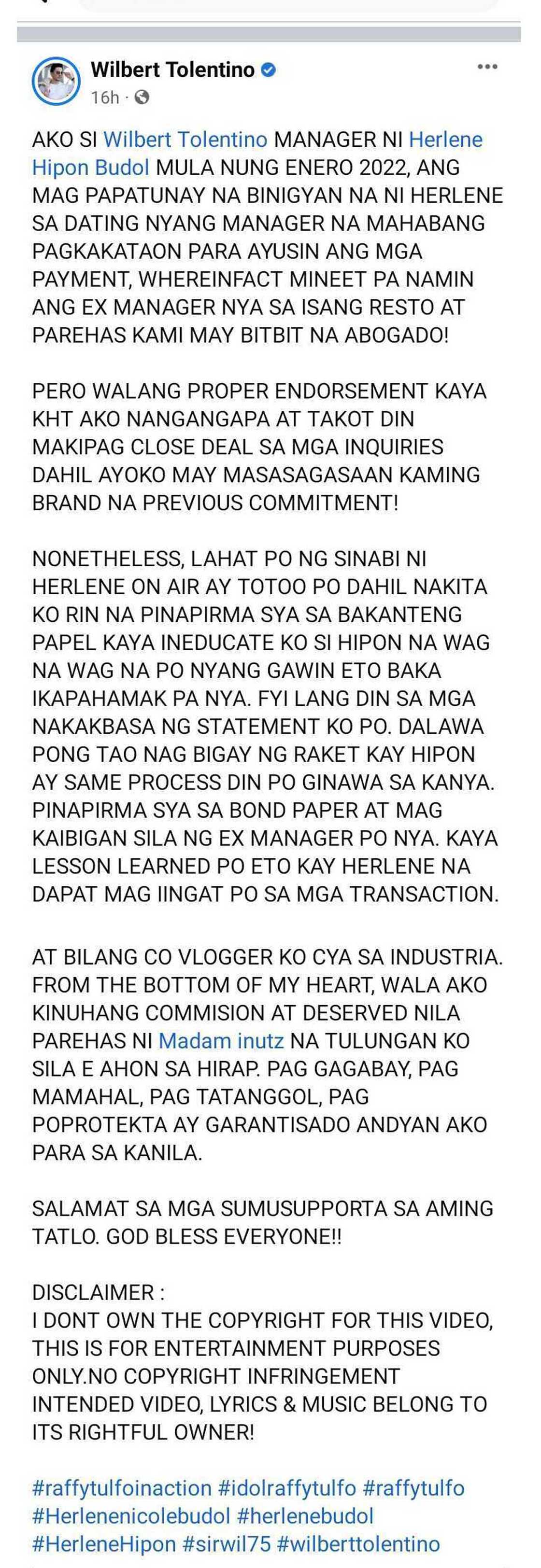 Wilbert Tolentino, sinabing totoo ang lahat ng naging pahayag ni Herlene Budol