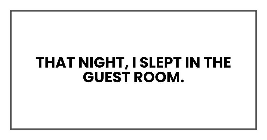 That night, I slept in the guest room. That night, I slept in the guest room.