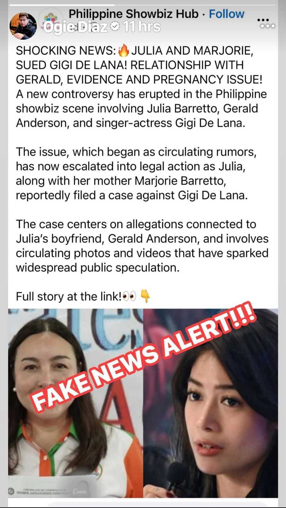 Ogie Diaz debunks malicious post involving Julia Barretto, Marjorie, Gerald Anderson, Gigi De Lana