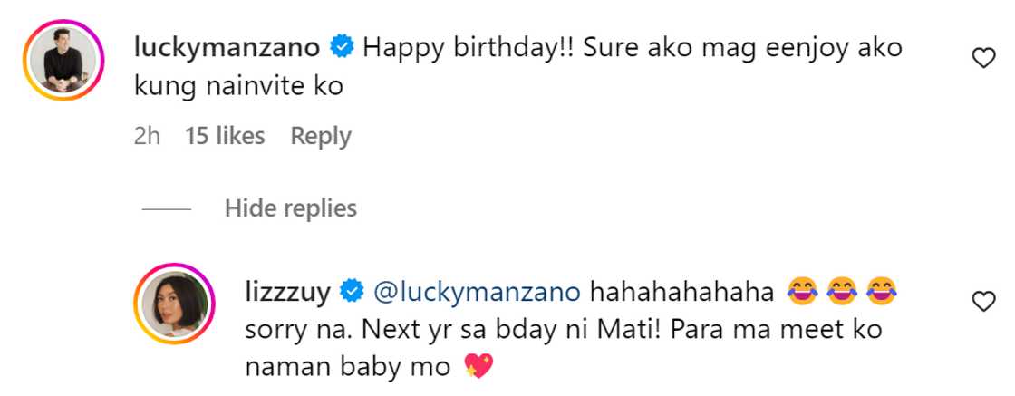 Liz Uy, napa-reply ng "sorry na" sa comment ni Luis Manzano sa video ng b-day party ni Xavi