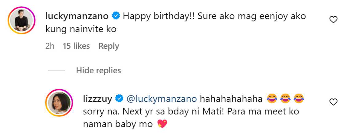 Liz Uy, napa-reply ng "sorry na" sa comment ni Luis Manzano sa video ng b-day party ni Xavi Liz Uy, napa-reply ng "sorry na" sa comment ni Luis Manzano sa video ng b-day party ni Xavi