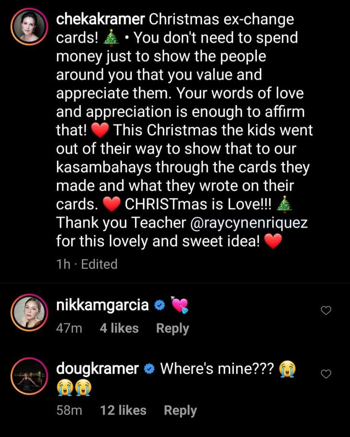 Nikka Garcia reacts to Chesca Kramer's recent post about Christmas Nikka Garcia reacts to Chesca Kramer's recent post about Christmas