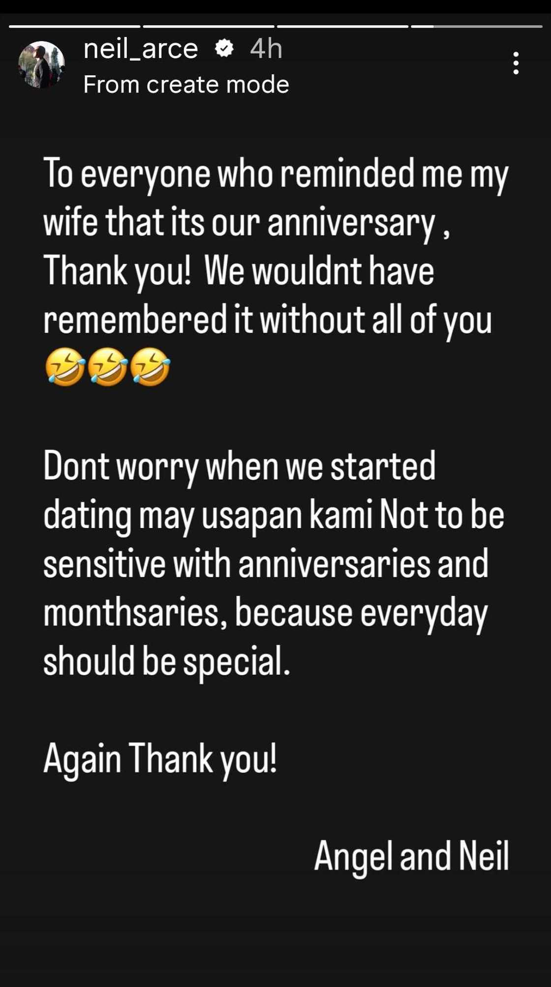 Neil Arce reacts after followers remind him and Angel Locsin of their anniversary Neil Arce reacts after followers remind him and Angel Locsin of their anniversary
