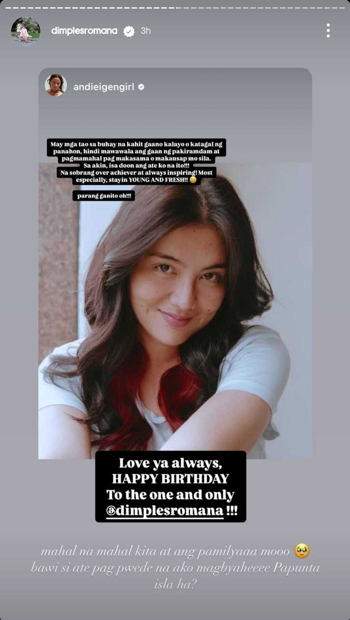 Andi Eigenmann, may sweet na mensahe kay Dimples Romana sa kaarawan nito Andi Eigenmann, may sweet na mensahe kay Dimples Romana sa kaarawan nito