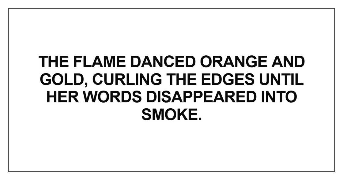 The flame danced orange and gold, curling the edges until her words disappeared into smoke The flame danced orange and gold, curling the edges until her words disappeared into smoke