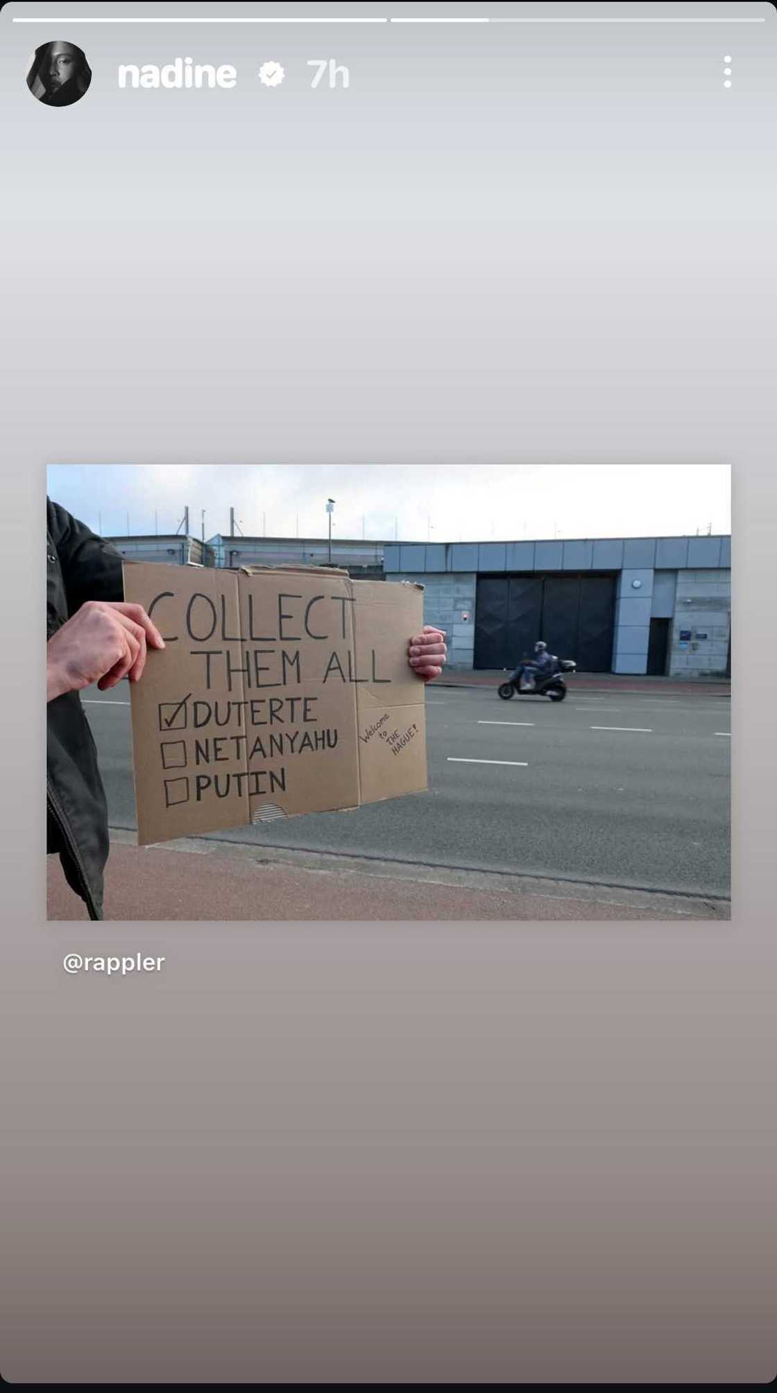 Nadine Lustre shares post about "collect them all" banner after Rodrigo Duterte's arrest Nadine Lustre shares post about "collect them all" banner after Rodrigo Duterte's arrest
