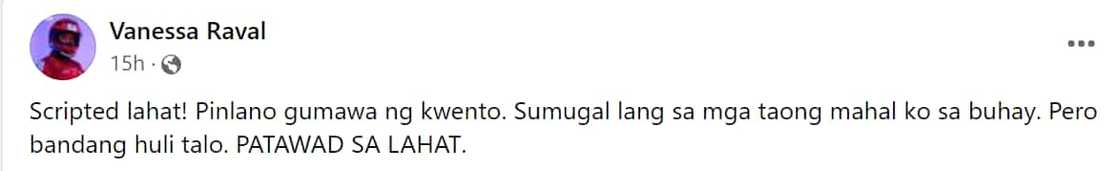 Vanessa Raval, inaming scripted lang ang kanyang kontrobersiyal na post