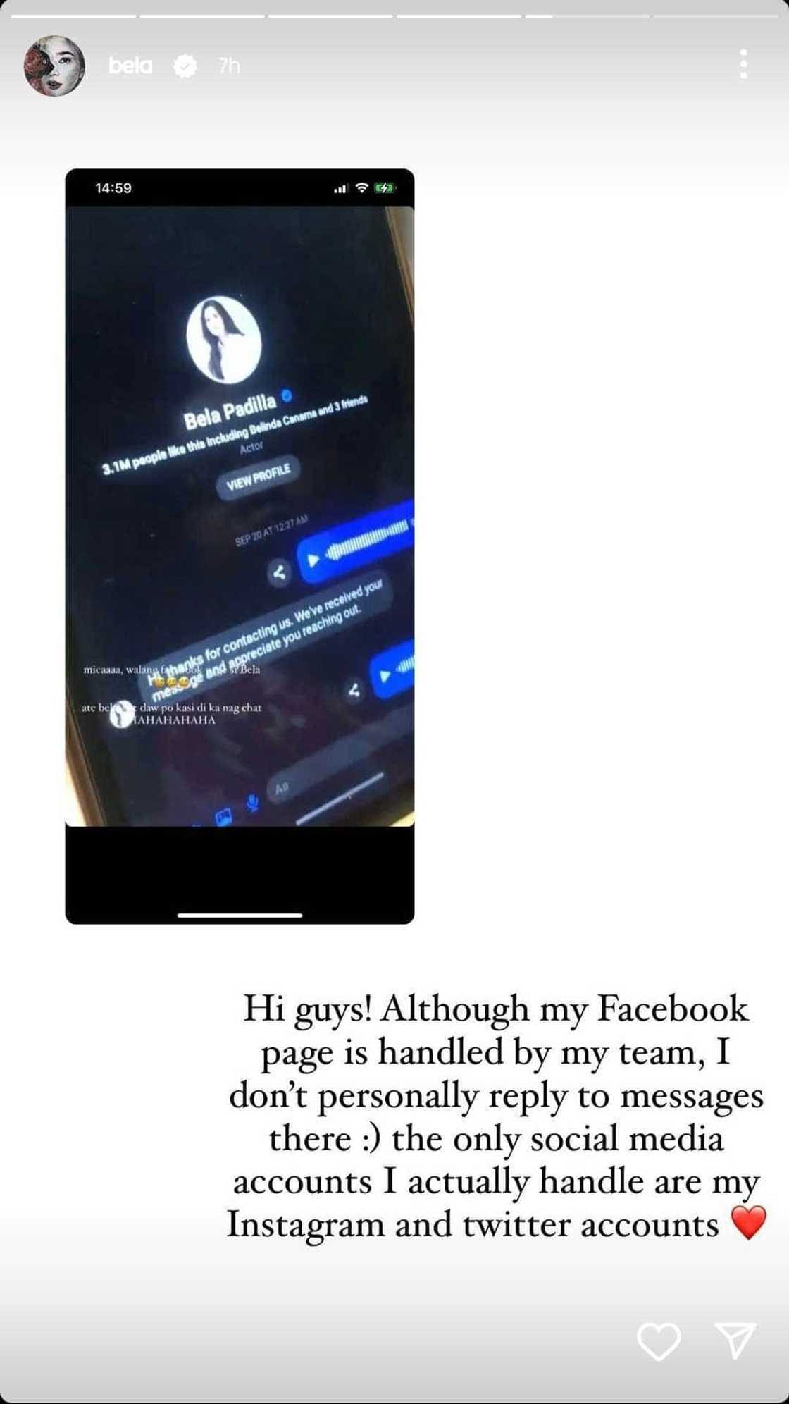Bela Padilla reminds followers about personal messages on her Facebook page Bela Padilla reminds followers about personal messages on her Facebook page