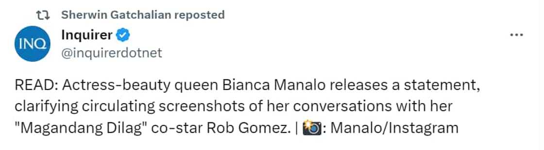 Sen. Win Gatchalian, ni-repost ang statement ni Bianca Manalo ukol sa convos with Rob Gomez Sen. Win Gatchalian, ni-repost ang statement ni Bianca Manalo ukol sa convos with Rob Gomez