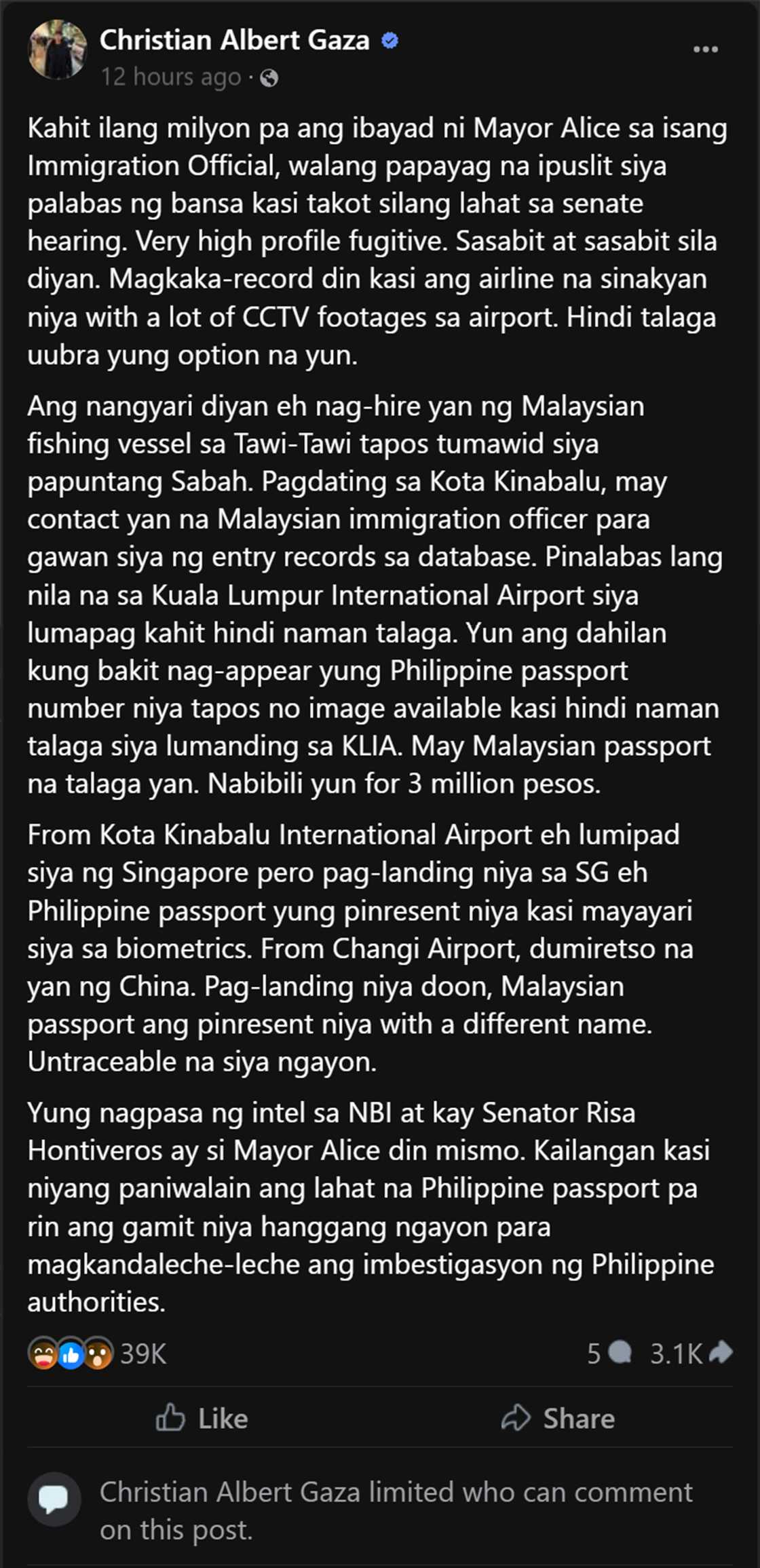 Xian Gaza, pinost niyang opinion kung ano maaaring nangyari’t nakaalis Mayor Alice sa bansa, viral Xian Gaza, pinost niyang opinion kung ano maaaring nangyari’t nakaalis Mayor Alice sa bansa, viral