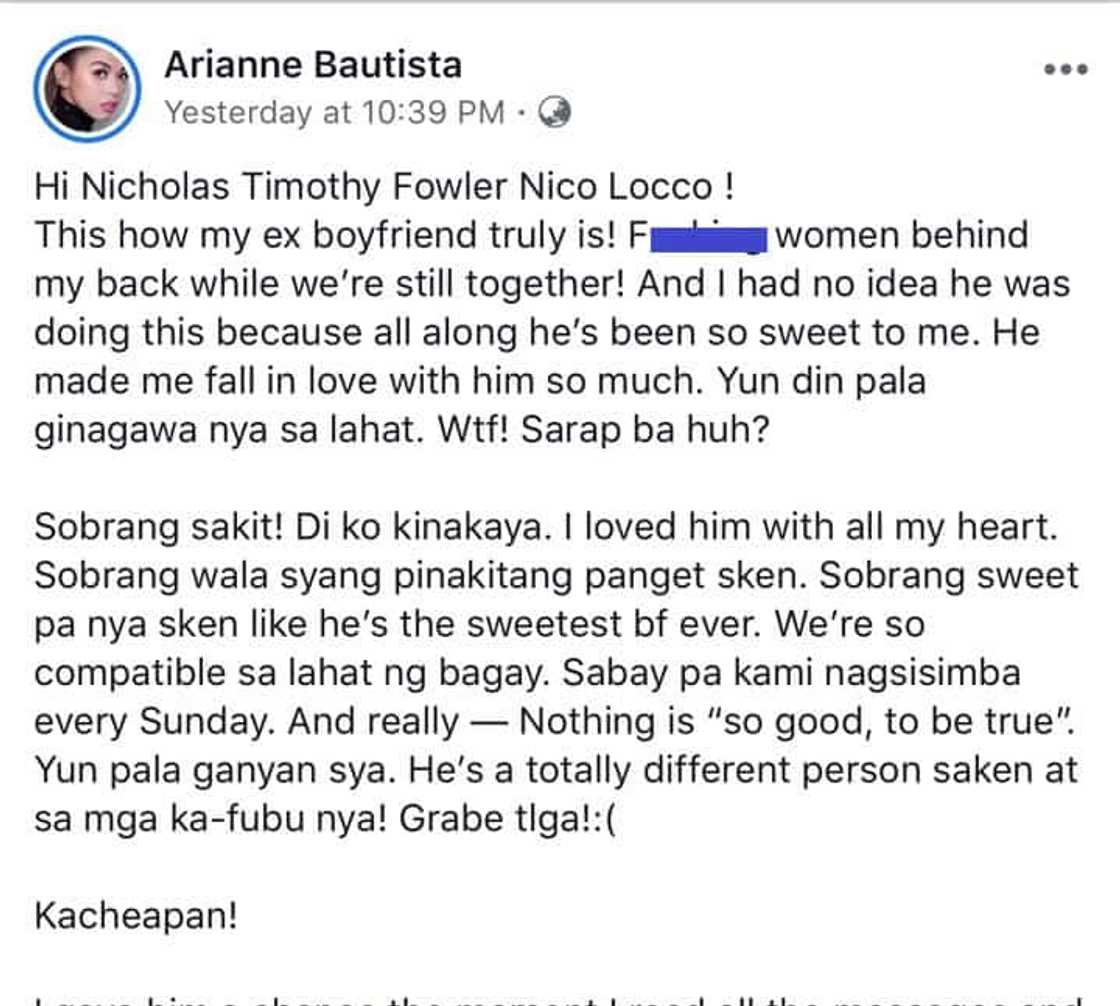 Arianne Bautista posts screenshots of messages regarding her cheating allegations against her ex-boyfriend Arianne Bautista posts screenshots of messages regarding her cheating allegations against her ex-boyfriend