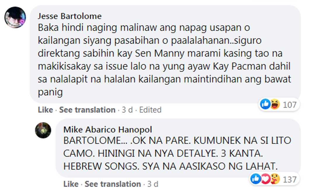 Manny Pacquiao, nakipag-ugnayan na kay Mike Hanopol ukol sa umano’y di bayad na Hebrew songs Manny Pacquiao, nakipag-ugnayan na kay Mike Hanopol ukol sa umano’y di bayad na Hebrew songs