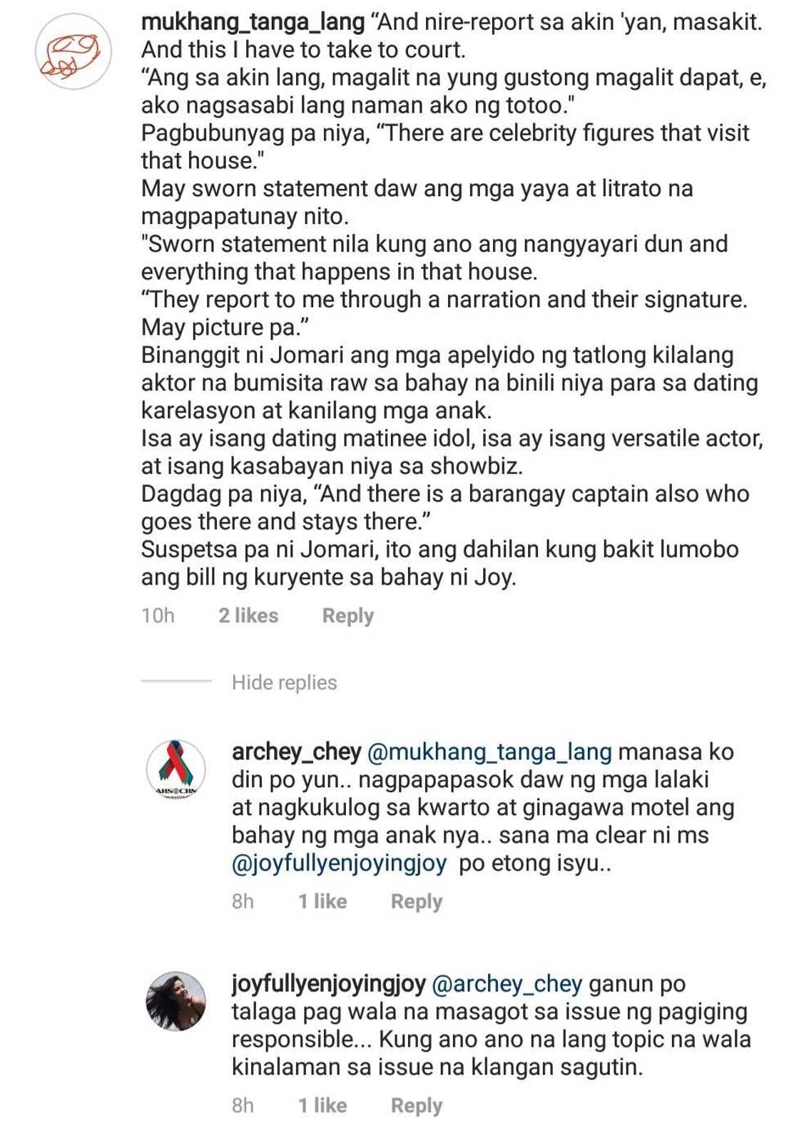 Joy Reyes claps back at Jomari Yllana’s speculation that she gets visits from 3 actors