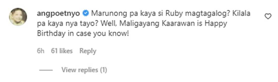 Joey de Leon reacts to Pauleen Luna's birthday greeting for Ruby Rodriguez: "Kilala pa kaya nya tayo?"