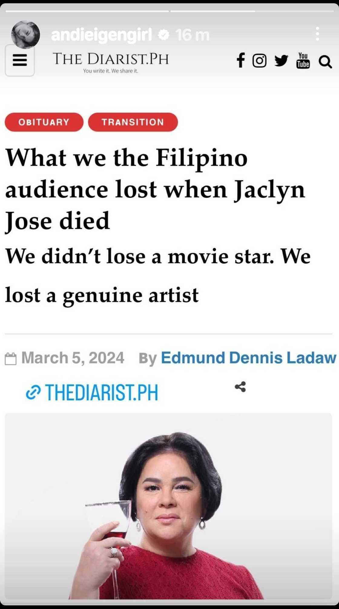 Andi Eigenmann shares article on what Pinoy audience lost when Jaclyn Jose passed away Andi Eigenmann shares article on what Pinoy audience lost when Jaclyn Jose passed away