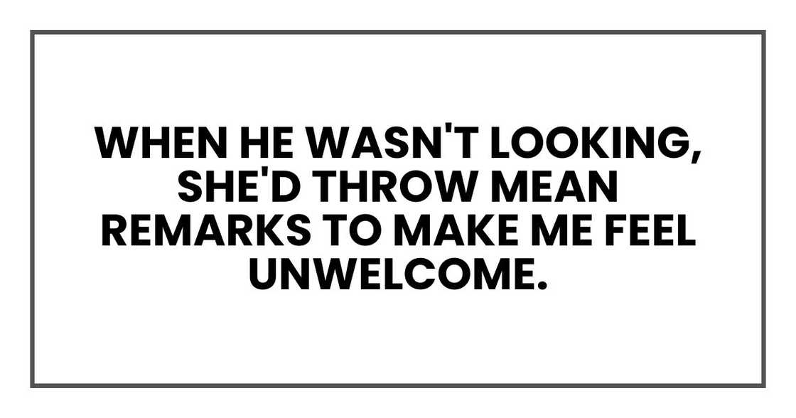 when he wasn't looking, she'd throw mean remarks to make me feel unwelcome.