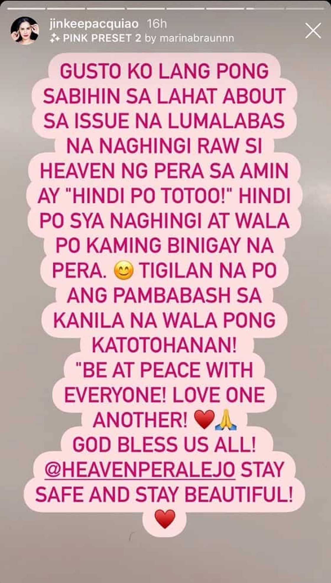 Jinkee Pacquiao speaks up and defends Heaven Peralejo from P100K ayuda issue Jinkee Pacquiao speaks up and defends Heaven Peralejo from P100K ayuda issue