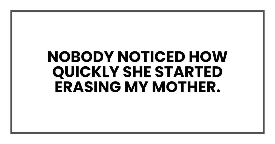 Nobody noticed how quickly she started erasing my mother. Nobody noticed how quickly she started erasing my mother.
