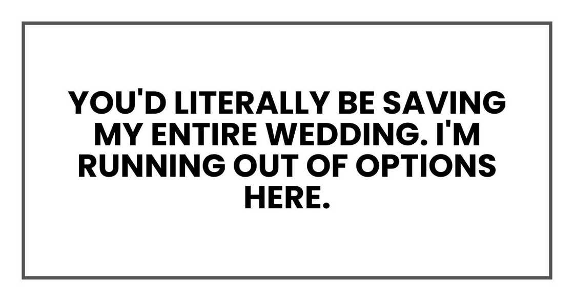 You'd literally be saving my entire wedding. I'm running out of options here. You'd literally be saving my entire wedding. I'm running out of options here.