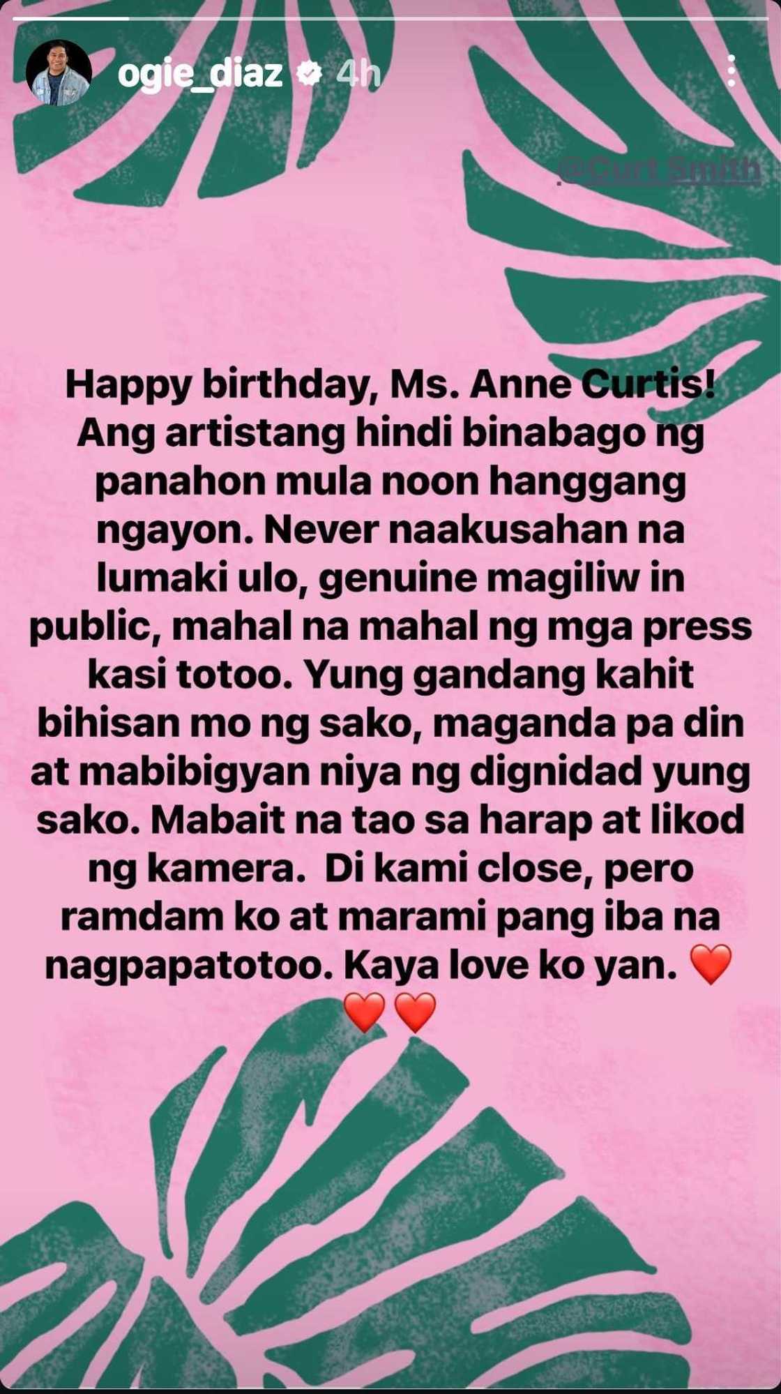 Ogie Diaz, inihayag ang magagandahang katangian ni Anne Curtis ngayong kaarawan ng aktres Ogie Diaz, inihayag ang magagandahang katangian ni Anne Curtis ngayong kaarawan ng aktres