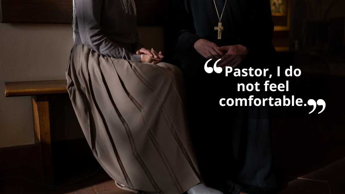 Two people sit side by side on a church bench, hands clasped in conversation.