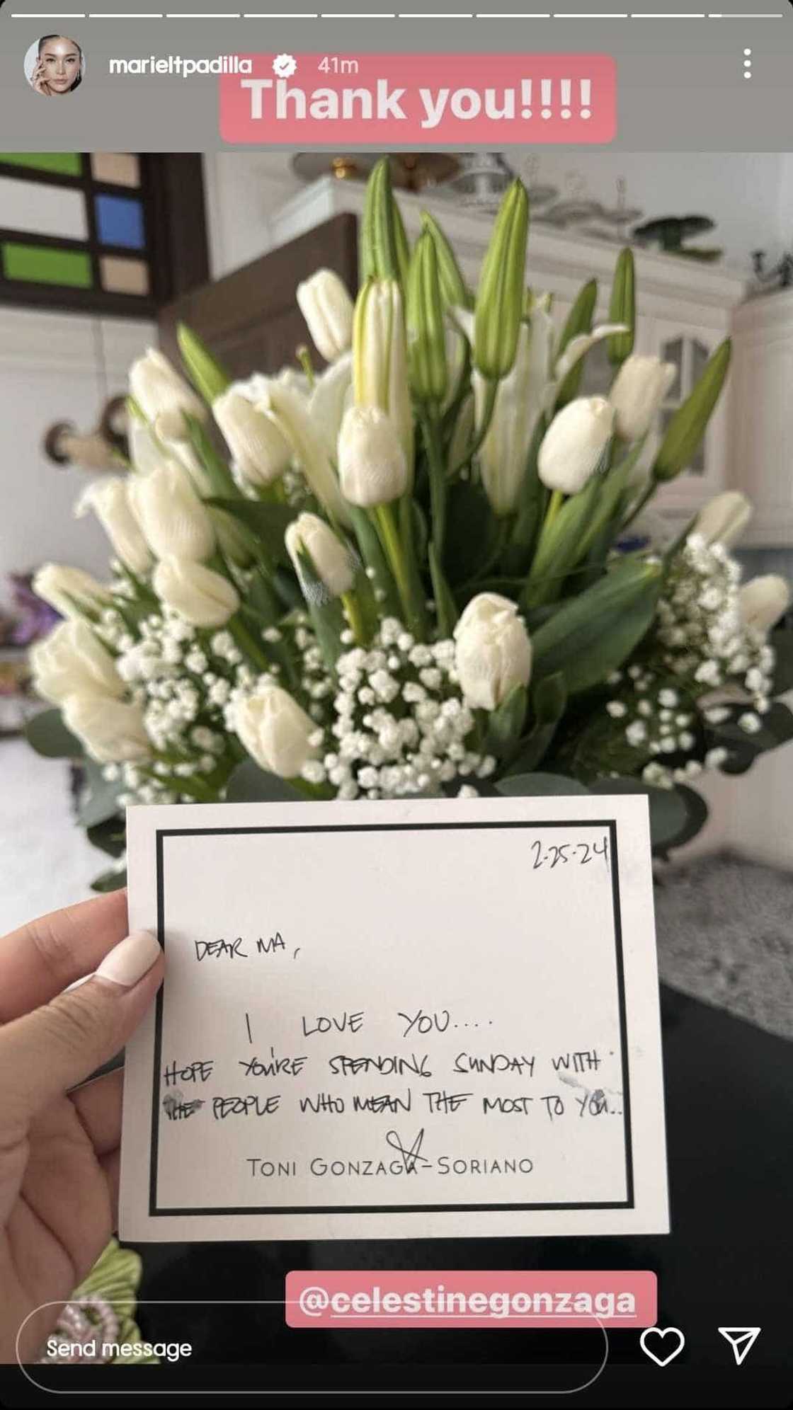 Mariel Padilla receives flowers and note from Toni Gonzaga amid 'IV drip' issue Mariel Padilla receives flowers and note from Toni Gonzaga amid 'IV drip' issue