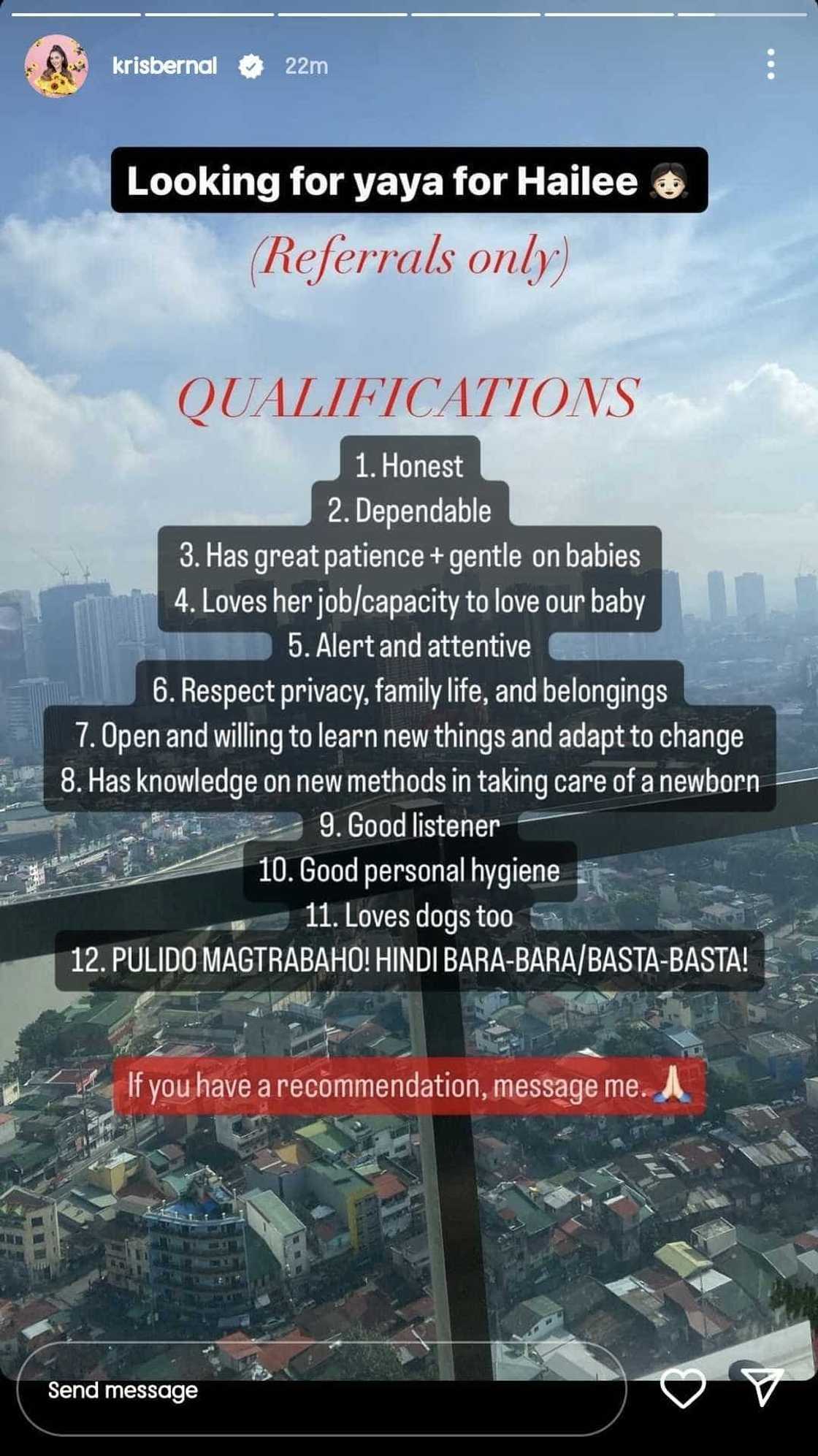 Kris Bernal posts qualifications for a yaya: "Pulido magtrabaho!" Kris Bernal posts qualifications for a yaya: "Pulido magtrabaho!"