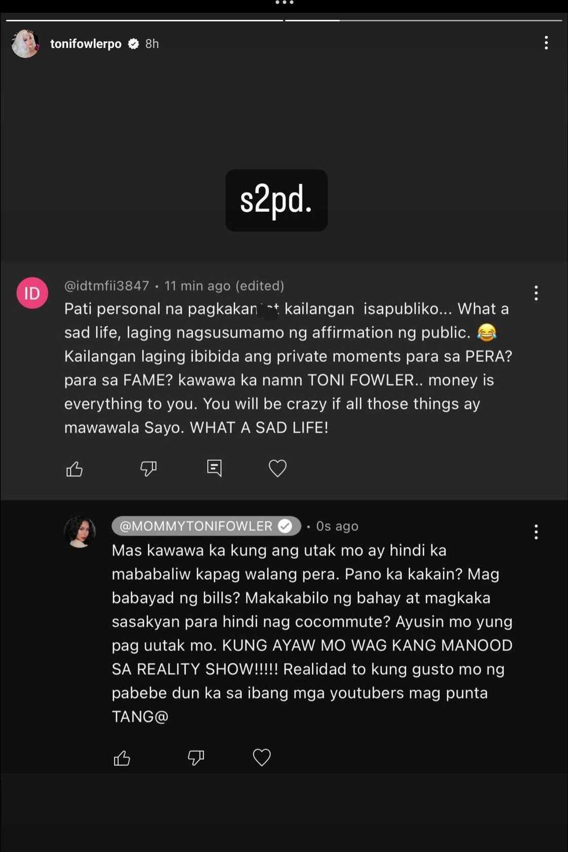 Toni Fowler, umalma sa nagkomento tungkol sa kanilang reality show Toni Fowler, umalma sa nagkomento tungkol sa kanilang reality show