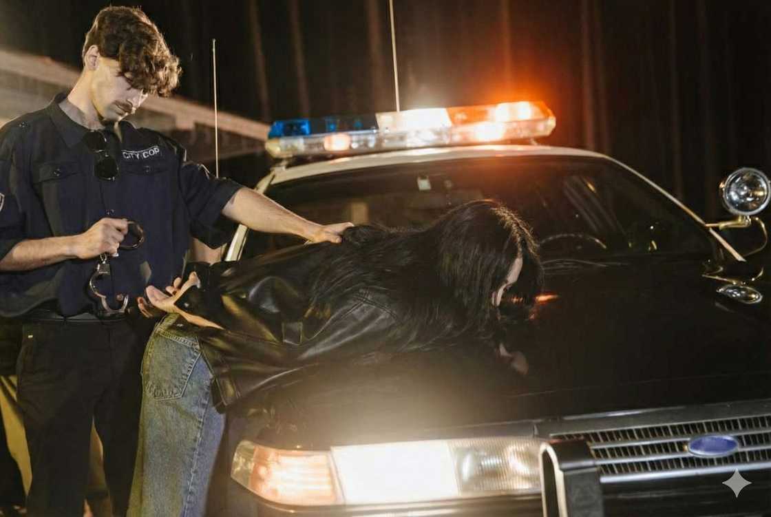 Woman being arrested on the hood of a cop car Woman being arrested on the hood of a cop car