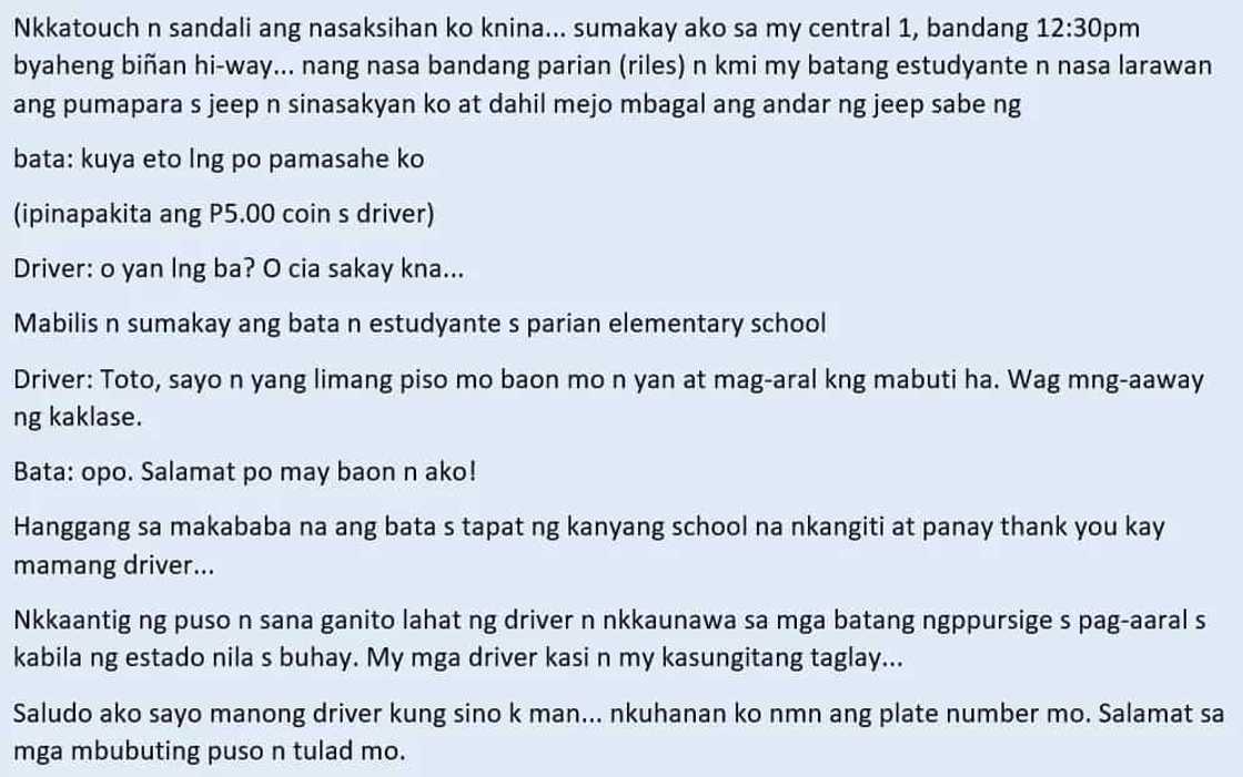 Sana lahat kagaya ni Kuya! Viral story of a jeepney driver's priceless reaction to a student who can't pay for his fare Sana lahat kagaya ni Kuya! Viral story of a jeepney driver's priceless reaction to a student who can't pay for his fare