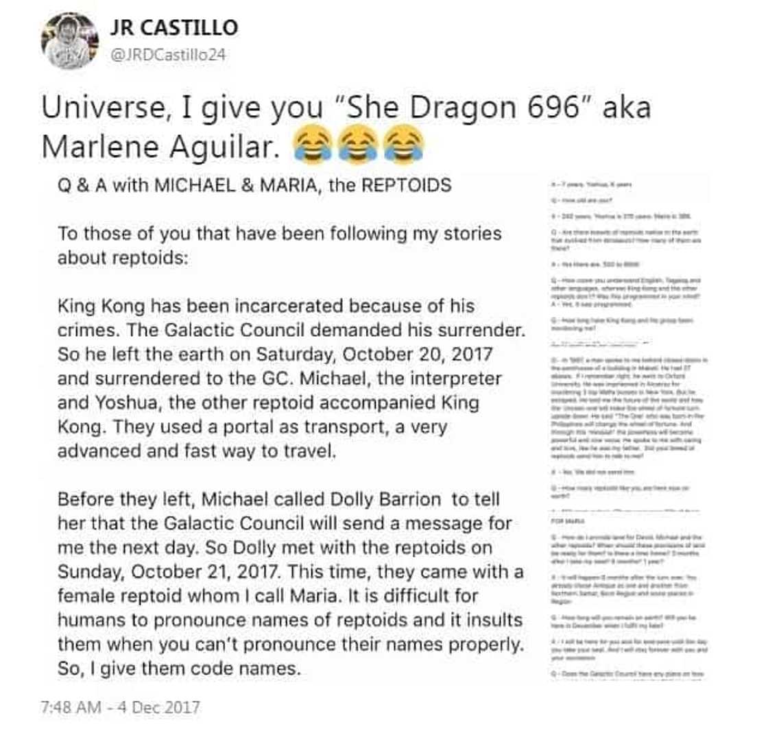 Walang naniwala! Netizens laugh off Marlene Aguilar's claim that current President Duterte is a reptoid alien Walang naniwala! Netizens laugh off Marlene Aguilar's claim that current President Duterte is a reptoid alien
