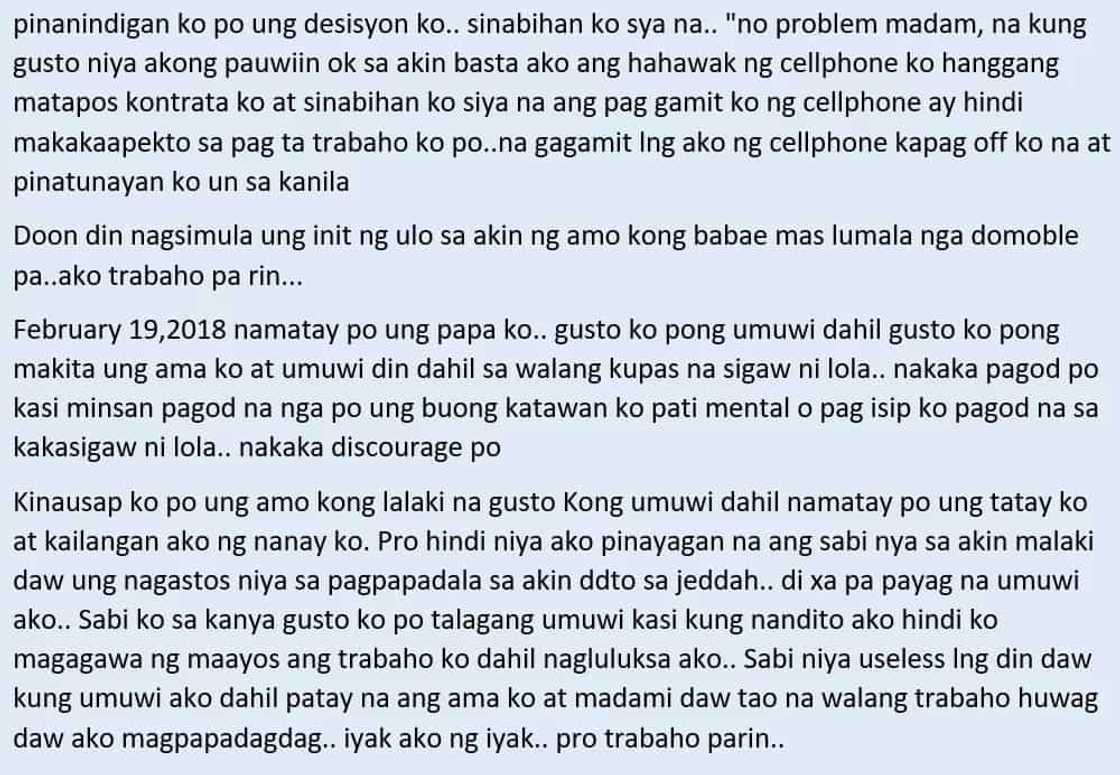 Hindi na kaya ni kabayan! An OFW in Jeddah who's suffering from alleged maltreatment seeks help so she could return to the Philippines