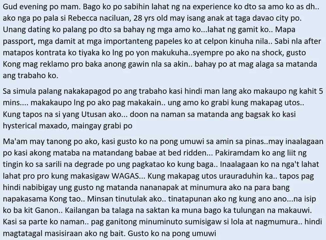 Hindi na kaya ni kabayan! An OFW in Jeddah who's suffering from alleged maltreatment seeks help so she could return to the Philippines