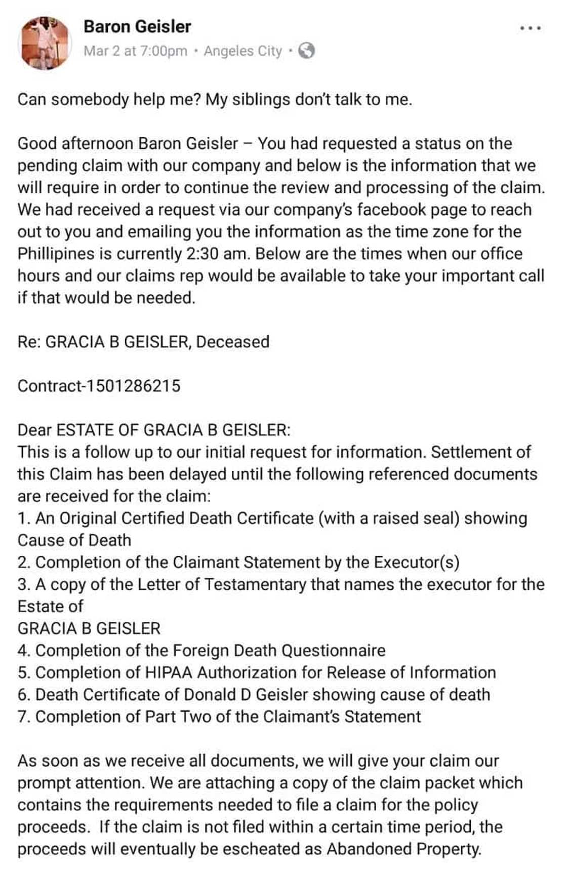 Baron Geisler's sister calls him 'stupid' after actor writes U.S. insurance company handing deceased mother's U.S. estate