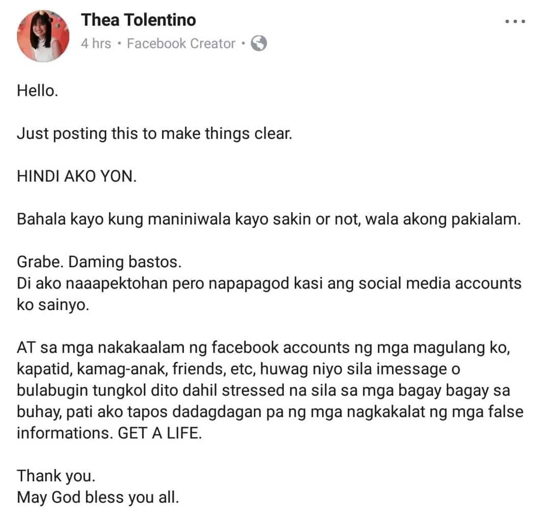 Imbyerna si Thea Tolentino sa nagkakalat na diumano'y may scandal video siya Imbyerna si Thea Tolentino sa nagkakalat na diumano'y may scandal video siya