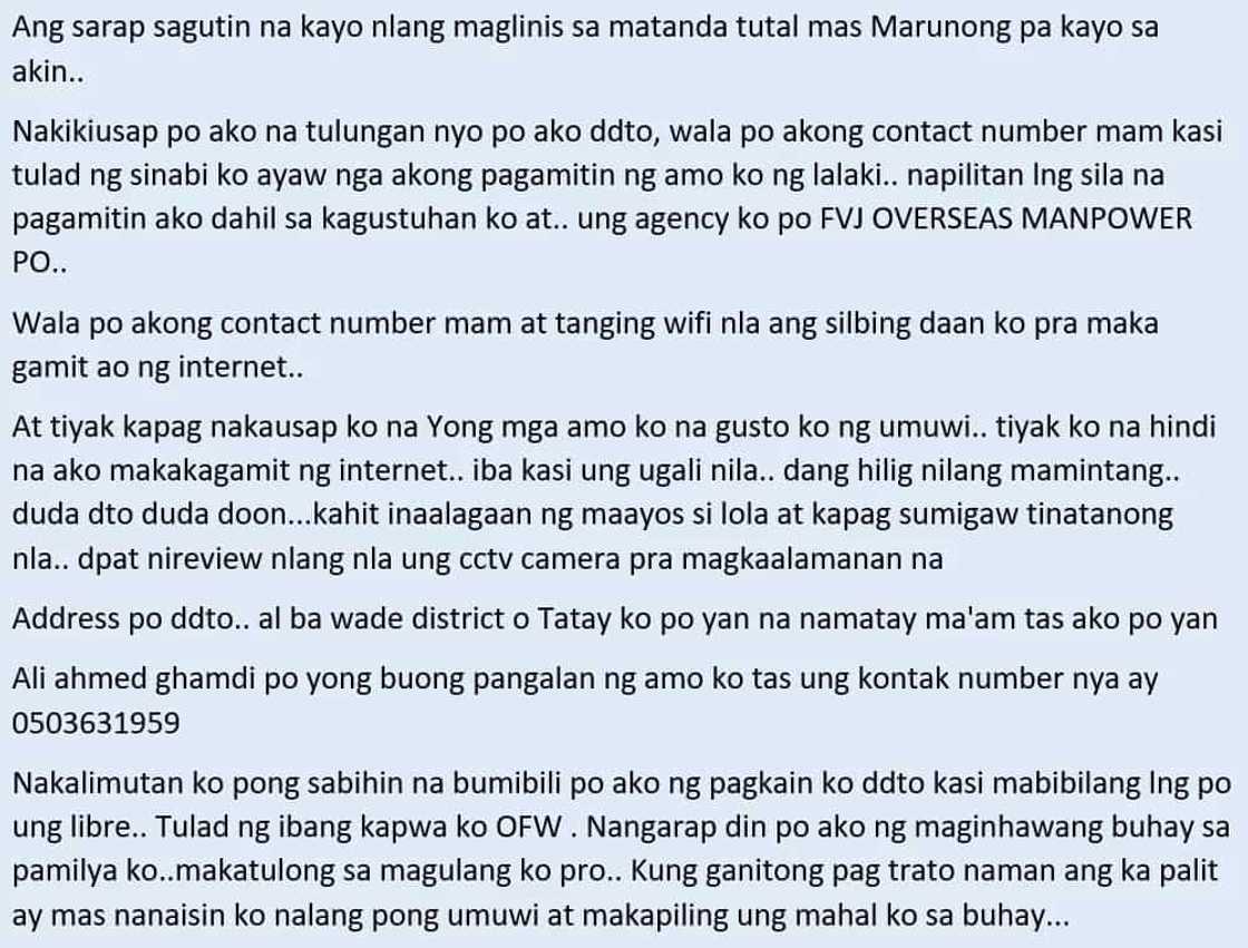 Hindi na kaya ni kabayan! An OFW in Jeddah who's suffering from alleged maltreatment seeks help so she could return to the Philippines