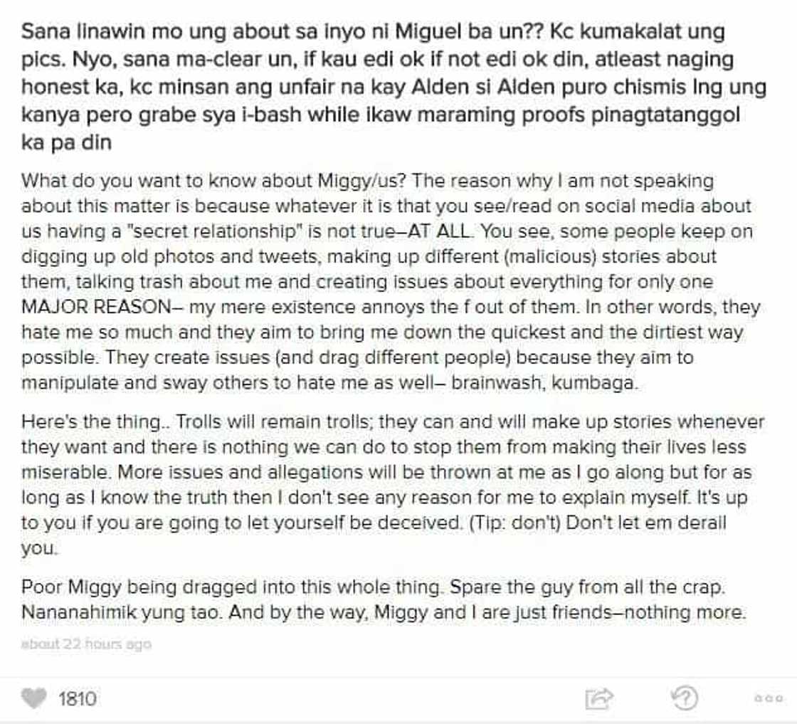 Does Miggy come between Maine Mendoza and Alden? Does Miggy come between Maine Mendoza and Alden?
